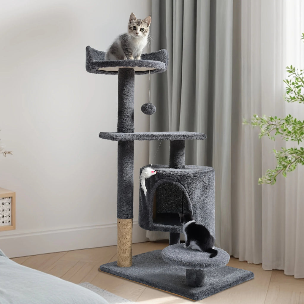 Arrranhador para Gatos Grande de Vários Andares com Camas Aconchegantes Casa para Gatos Poste de Arranhar Enrolado em Sisal e Varinha de Brinquedo para Gatos de Porte Pequeno e Médio