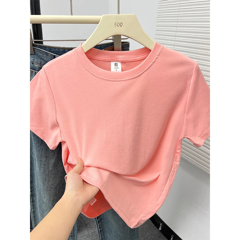 2026 Verão Nova Camiseta Casual de Alta Qualidade Sexy Manga Curta Tendência da Moda Sólida Roupa Feminina Blusas Y2k