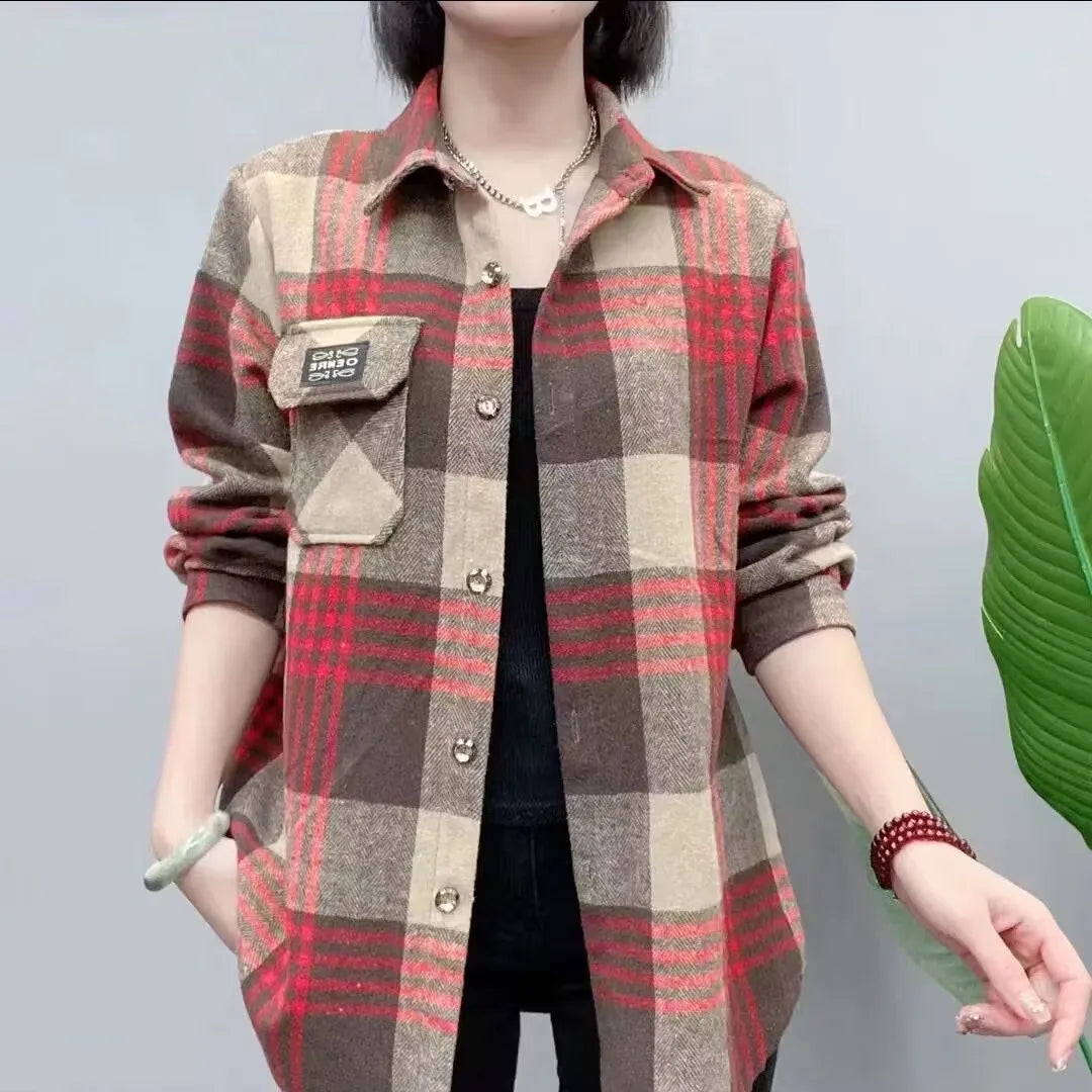 Thickened Fleece Womens Plaid Shirt Casual Loose Outerwear Autumn Winter Warmth Regular Sleeve Long Collar China Brand 1 - Xl [recommended 40-55kg ] [thick model] chidori card grid