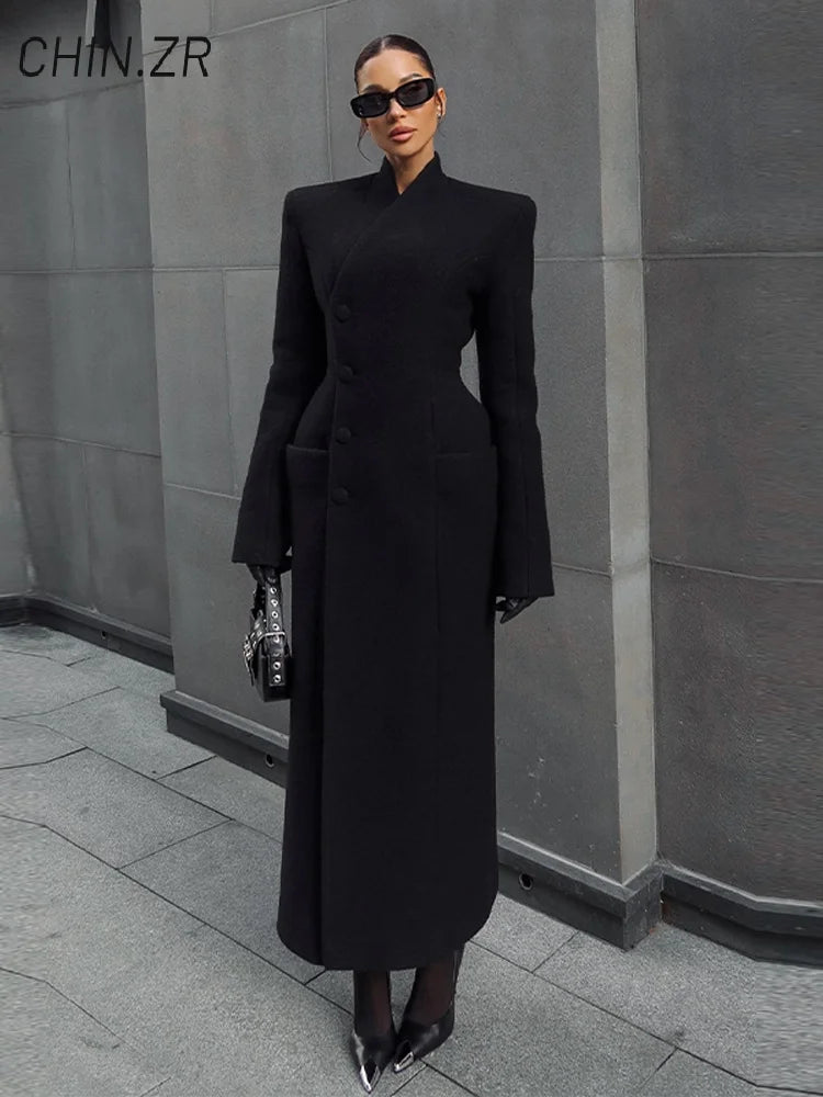Street Cinched Waist Long Woolen Coat For Women Shoulder Pads Stand Collar Pocket Overcoats 2026 Spring Lady Commute Outwear New - Only scarf L