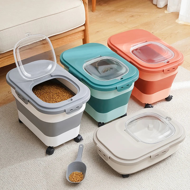 Recipiente Dobrável para Ração de Cães e Gatos de 6/15 Litros, Caixa para Ração Seca de Gatos com Tampas, Recipientes Herméticos para Armazenamento de Grãos e Arroz de Cozinha