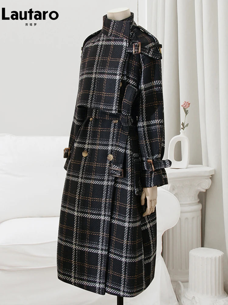 Lautaro Outono Inverno Longo Solto Quente Xadrez Lã Misturada Trench Coat para Mulheres Manga Raglan Cinto Abotoamento Duplo Sobretudo de Lã