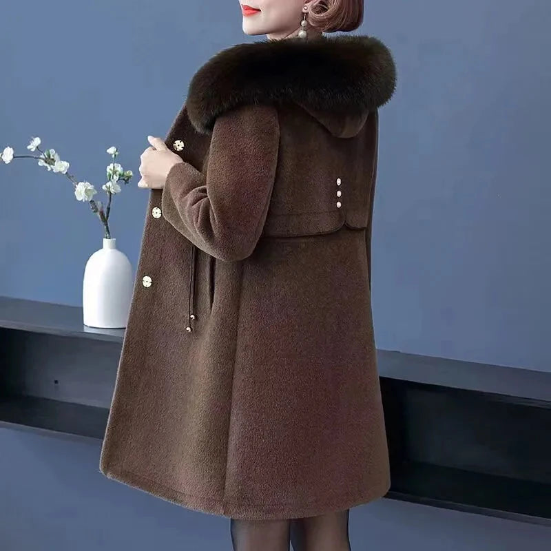 Casaco Feminino de Lã de Alto Nível Jaqueta Longa de Inverno Feminina Imitação de Vison Grossa Casacos de Lã Quentes Sobretudo de Lã para Mãe