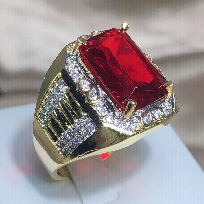 Anel King Vintage Cheio a Ouro Zircônia Cúbica AAAAA Vermelha Zircão Luxo Noivado Joias Anéis Casamento Para Homens Anel de Dedo Festa Rock