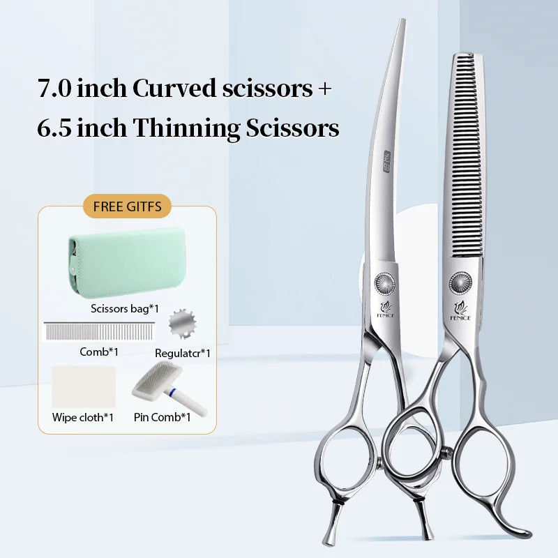 Conjunto Profissional de Tosas Domésticas para Animais de Estimação Fenice Tesouras Retas Curvas de Desbaste e Tosa de 6/6,5/7/7,5 Polegadas com Parafuso de Rolamento para Cães/Gatos