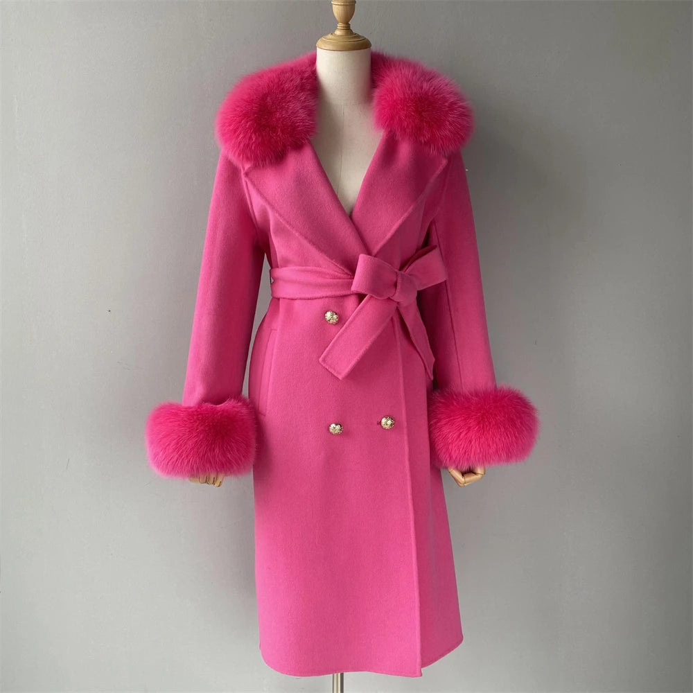 Jxwatcher Cashmere Lã Casaco Primavera Real Fox Colarinho Casaco de Lã de Trincheira Mulheres Inverno Casaco Quente Venda Longo Estilo Casacos de Lã