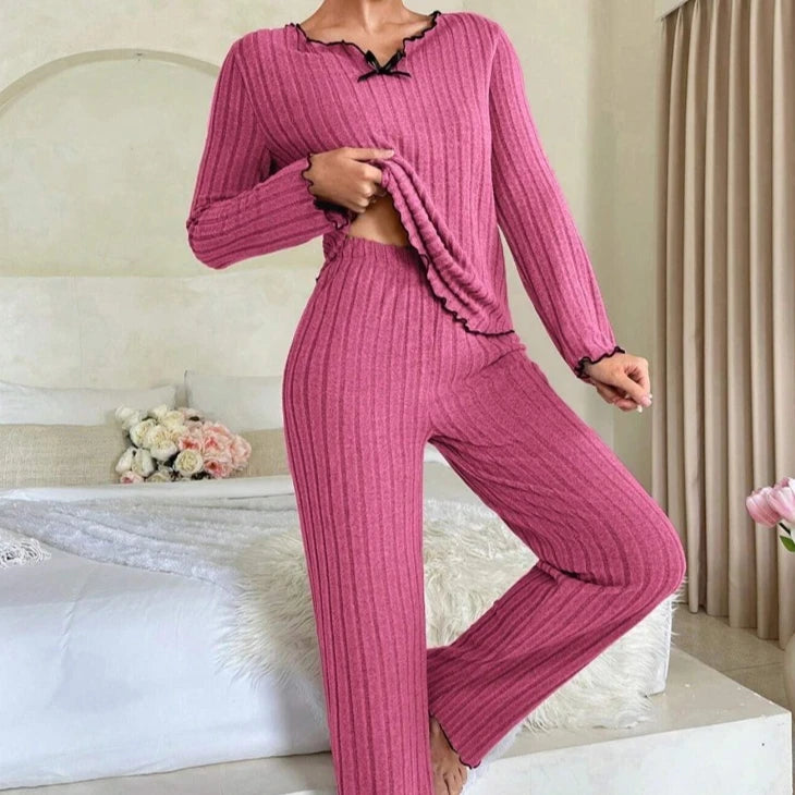 2026 New Women Ribbed Loungewear Set Black Edge Trim Casual Home Wear Soft Comfortable Two Piece Outfit European American Style