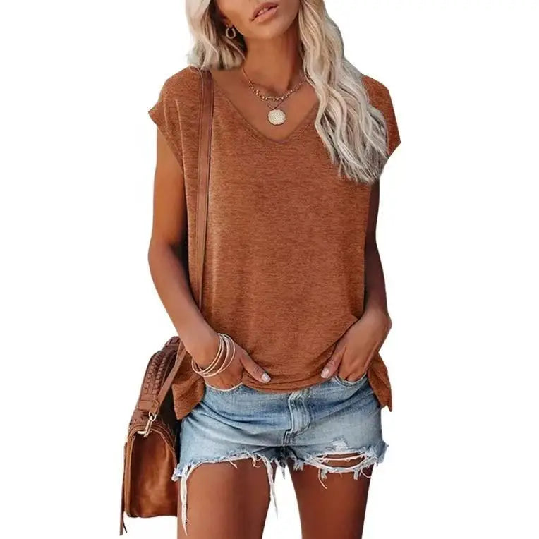 Camiseta Feminina de Verão 2026 Casual Gola V Manga Morcego Caimento Solto Básico Blusa Lisa Plus Size - Azul GGG