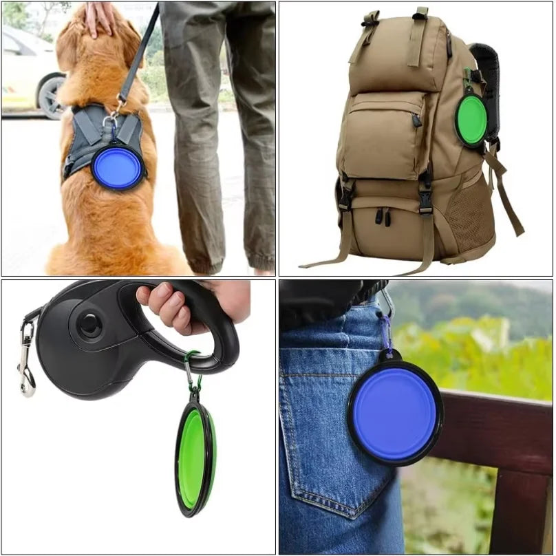 Tigela Dobrável Portátil de Silicone para Alimentação de Cães 2 em 1 Dispensador para Animais de Estimação Viagem ao Ar Livre Cães Gatos com Garrafa Mosquetão Recipiente de Água Comida