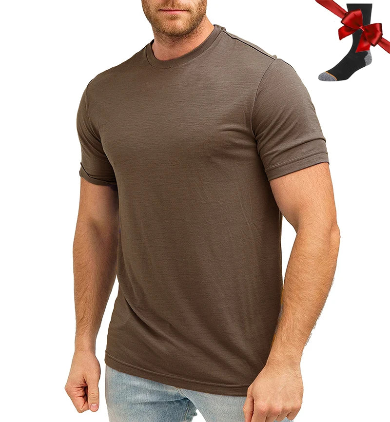 Camiseta Masculina 100% Lã Merino Super Fina Camada Base de Lã Merino que Absorve a Umidade Respirável de Secagem Rápida Antiodor + Meias de Lã Merino