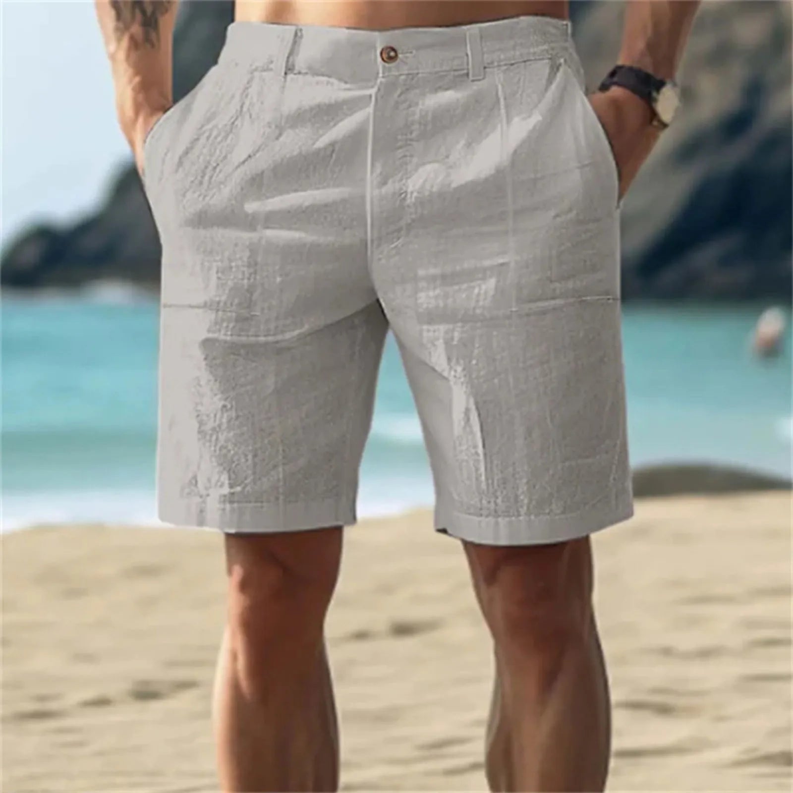 Calças Masculinas de Linho com Cor Sólida Casuais para Praia, Respiráveis, Confortáveis e Retas, Curtas, Estilo Havaiano para Férias de 2025