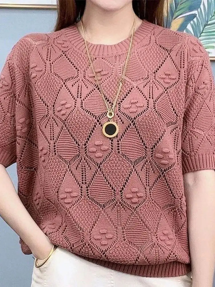 Camiseta Feminina Solta de Tricô Efeito Emagrecedor em Seda Gelada Manga Curta Verão Fina Moda Casual Vazada Decorada Co...
