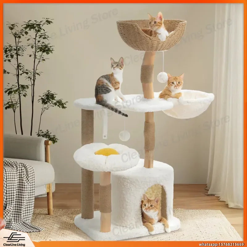 Torre de Árvore para Gatos em Madeira Maciça com Apartamento Espaçoso, Poleiros Florais, Pompons, Postes de Arranhar e Cama Aconchegante para Gatos e Gatinhos Internos