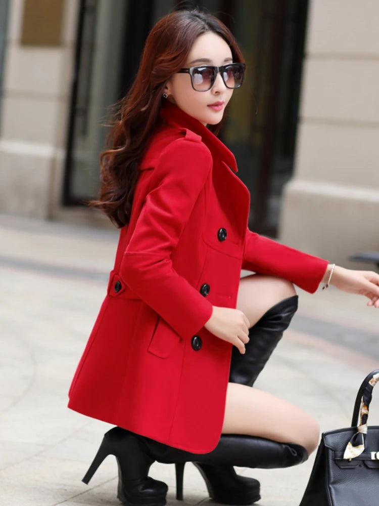 Novo Casaco de Lã Feminino Outono Inverno Casaco Feminino Slim Abotoamento Duplo Médio Longo Mistura de Lã Quente Sobretudo Feminino Inverno Casaco Jaqueta