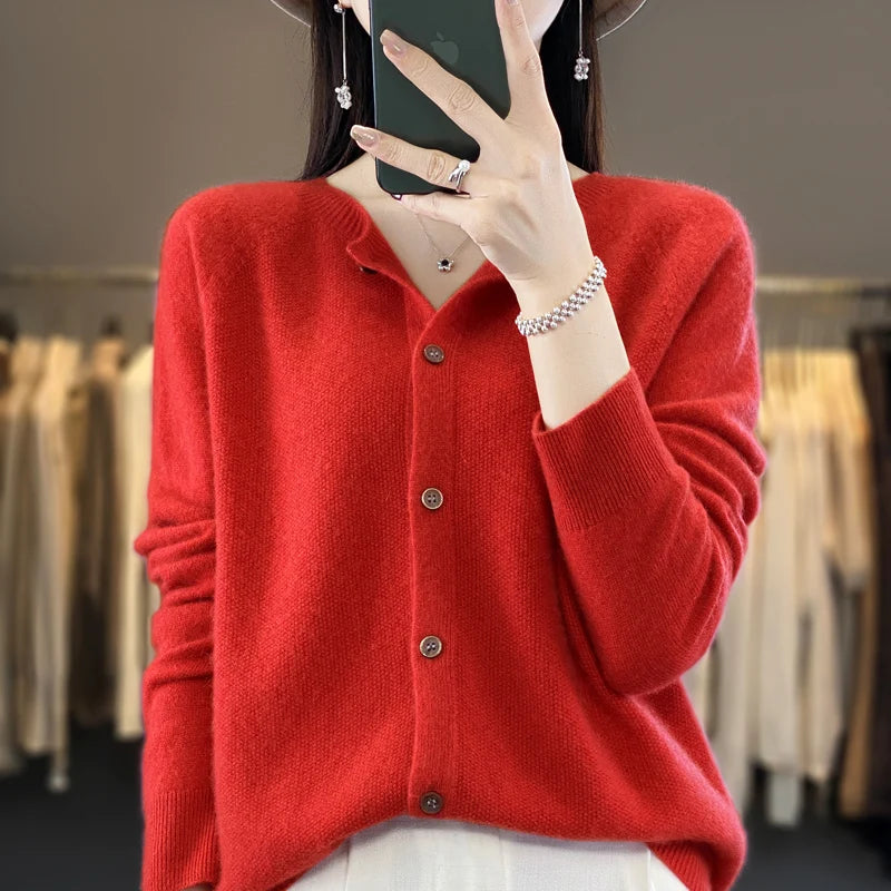 Cardigã Feminino de Lã Merino 100% Cashmere, Suéter para Outono Inverno, Gola Redonda, Manga Longa, Malha Feminina, Roupas Básicas, Blusas - Shumei XXL