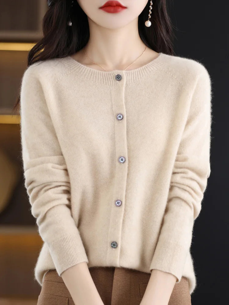 2024 Novo Cardigan Básico Chique Feminino Gola Redonda Suéter de Lã Merino Macio Roupa de Malha Elegante Casaco Primavera Outono Roupas Femininas Tops - Vermelho Shumei XXL