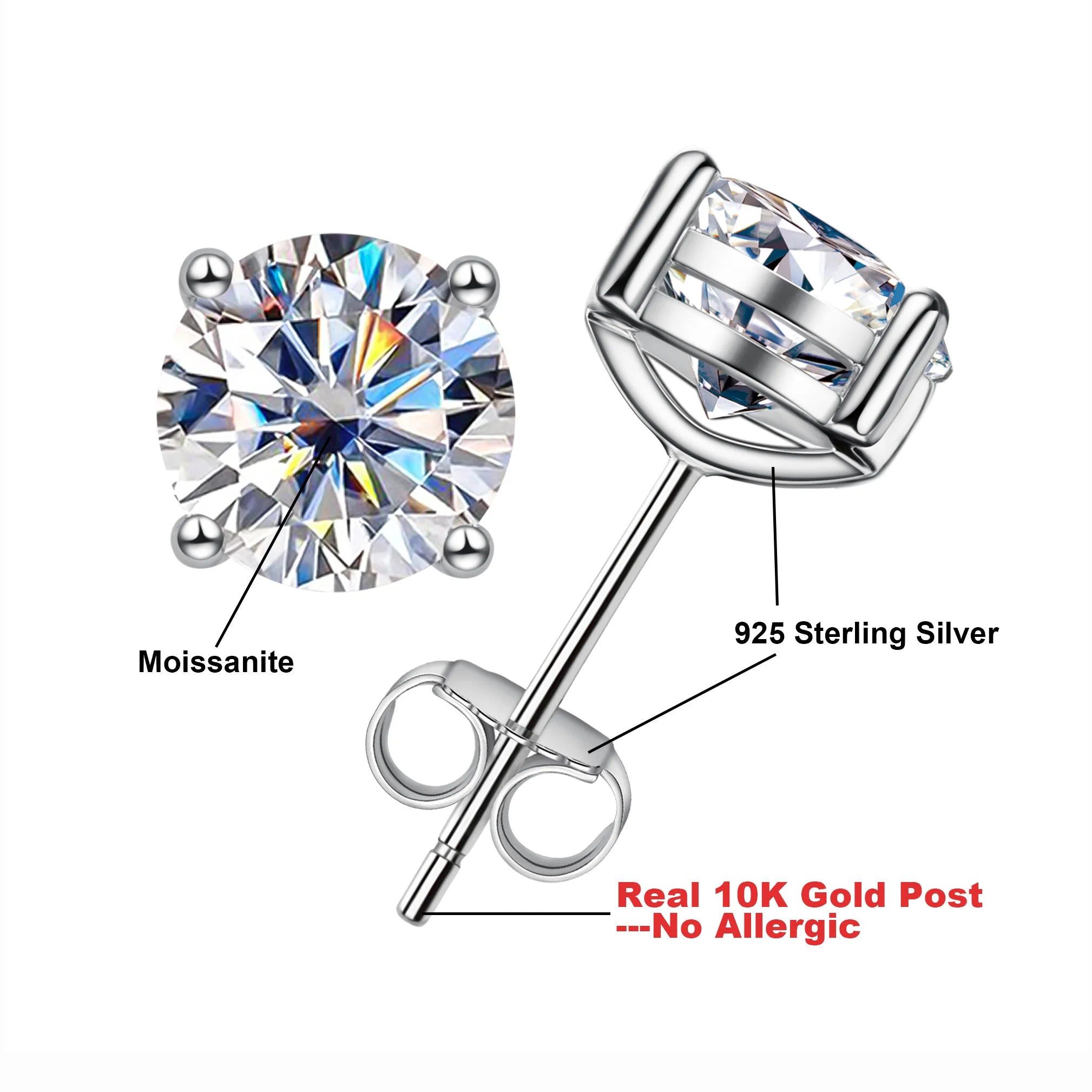 AnuJewel Brincos de Tarraxa de Moissanita Ouro 10k 4/3/2/1.6/1/0.6ct para Mulheres, Pino de Ouro 10K Genuíno Antialérgico, Brincos Masculinos Joias