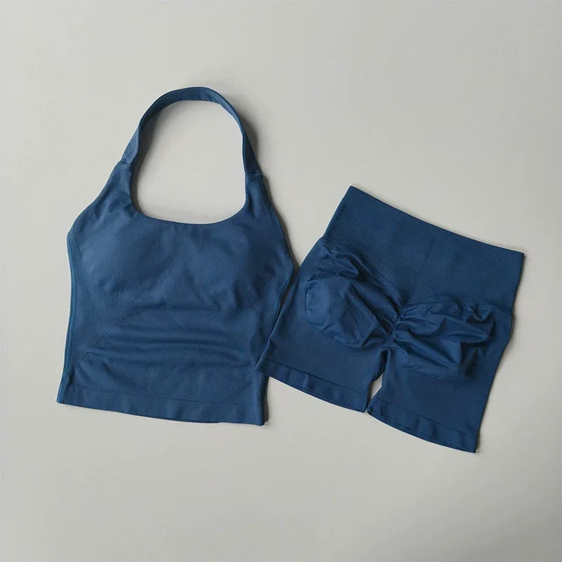 Conjunto de ginástica de 2 peças de ioga para mulheres, tops tipo halter sem costas, shorts sem costura de cintura alta, conjunto de ginástica, sutiãs esportivos de fitness, roupa esportiva, conjuntos de treino