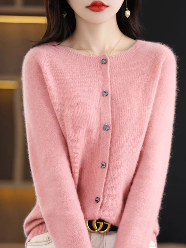 Suéter Feminino de Cashmere 100% Lã Merino Cardigã de Malha Outono Inverno Malharia Gola Redonda Feminina Cor Sólida Casual Top de Moda
