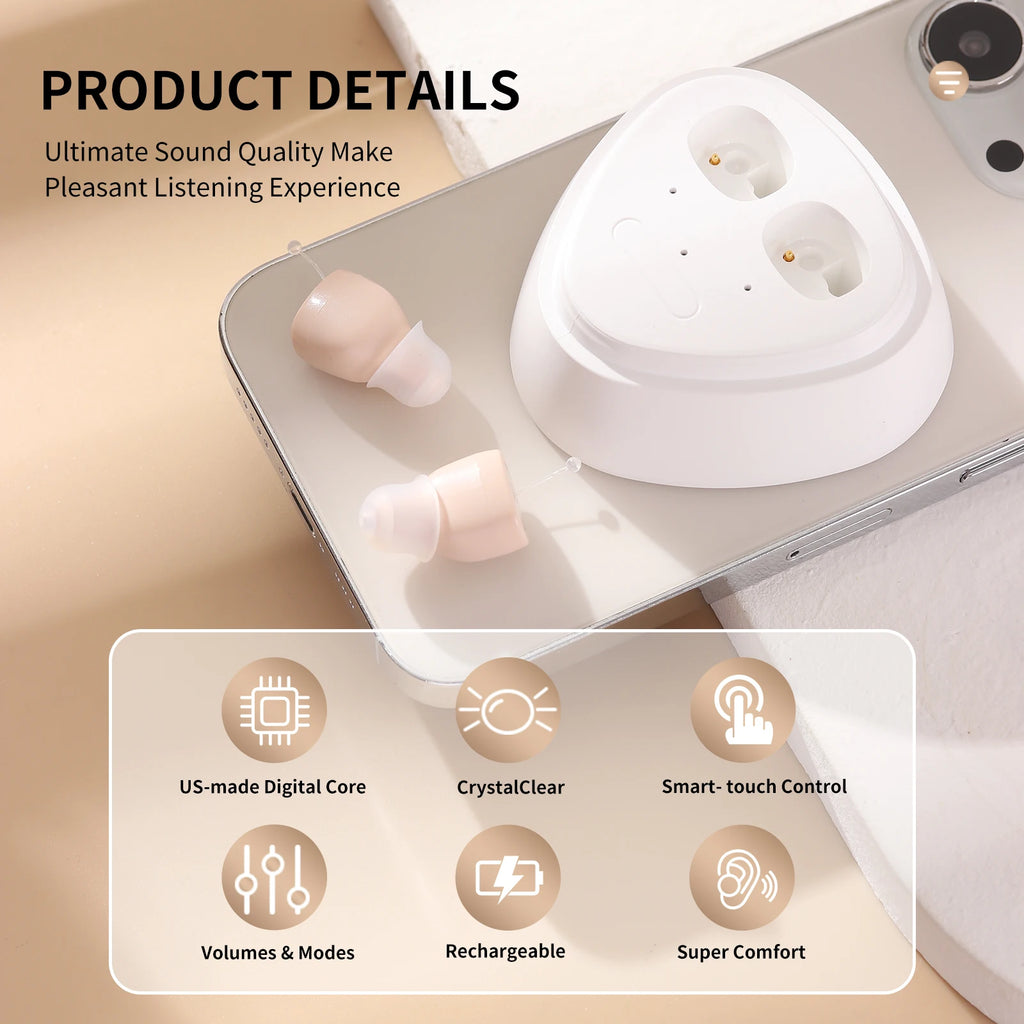 hearing earbuds amplifier, equipped with a USB charging dock, with adjustable volume, adult use as a hearing earphones aids.