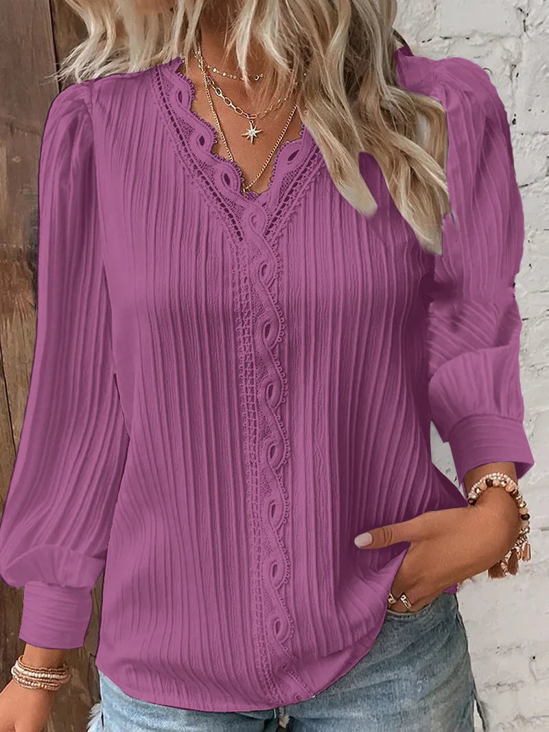 Camisa Feminina Elegante de Verão com Renda Vazada, Blusa Chique, Gola V, Manga Longa, Renda Lisa, Casual, Básica, Regular - Dourado P