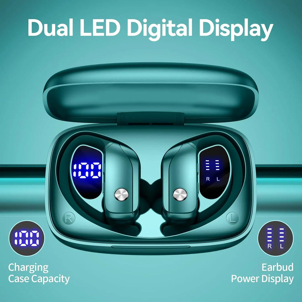 Fones de Ouvido Sem Fio Bluetooth com 80H de Reprodução Estojo com Display LED, Gancho sobre a Orelha com Microfone, Som Estéreo