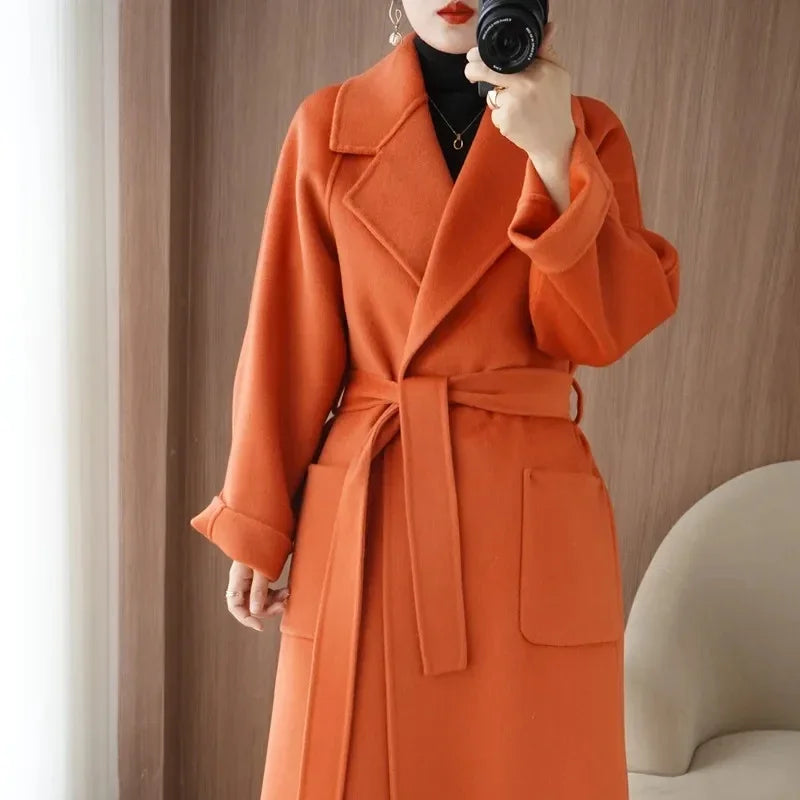 Sobretudo 100% Lã Feminino 2026 Moda Outono/Inverno Temperamento Casacos de Cashmere Dupla Face com Cinto Sobretudo Longo Elegante