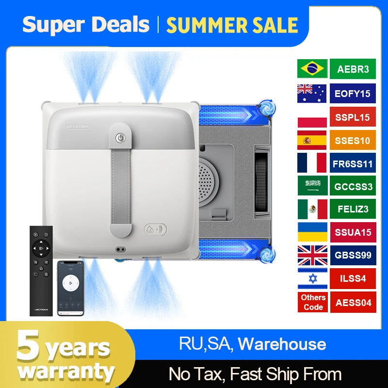 Window cleaning robot Liectroux G9, with 2 vibrating bionic arms, 8-way water pump spray,10KPa,frameless works,app,voice prompts