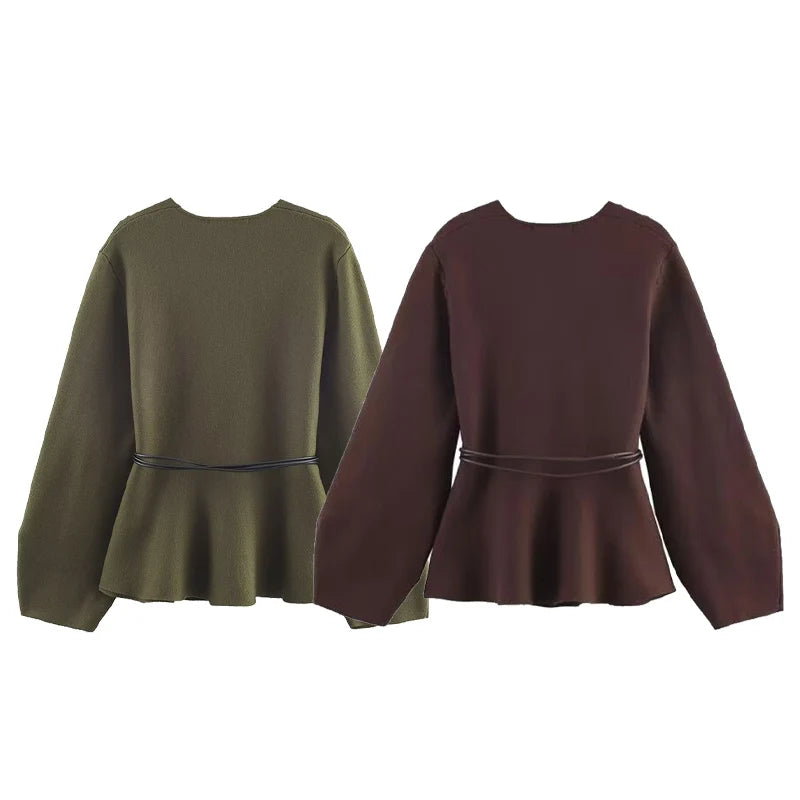 Roupas Femininas Blusas Cardigã de Tricô Elegante com Gola V e Amarração na Cintura e Bainha Larga Para Mulheres Top de Trabalho Outono e Inverno