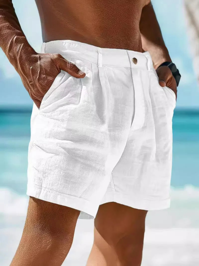 Bermuda Masculina Algodão e Linho 2026 de Verão, Cor Sólida, Casual, Botão, Bolso, Praia, Confortável, Simples, Férias, Lazer