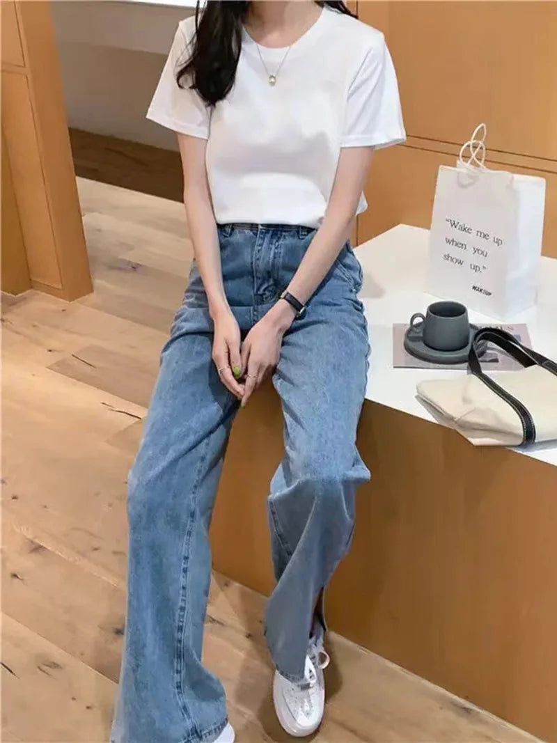 Camiseta Feminina Manga Curta Algodão Gola O Solta Preta Branca Básica Fina Tops Moda Harajuku Casual Roupa Exterior Camisetas - preta P