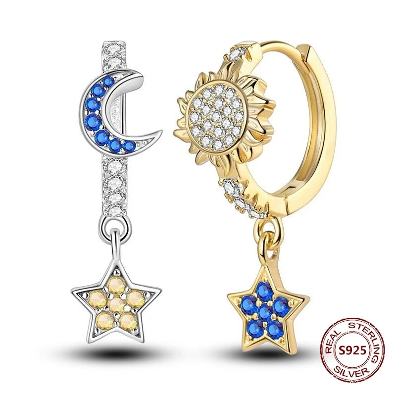 Star Moon Sun Hoop Earrings 925 Sterling Silver Original Star Shining Zircon Tassel Long Earrings For Women Luxury Jewelry Gift