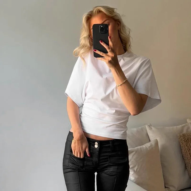 Camiseta Cropped Cinza Sólida Casual Fashion 2025 Roupas Femininas Gola O Tops Estilo Corset Streetwear Meninas Primavera Verão Camisetas Curtas - BRANCA M