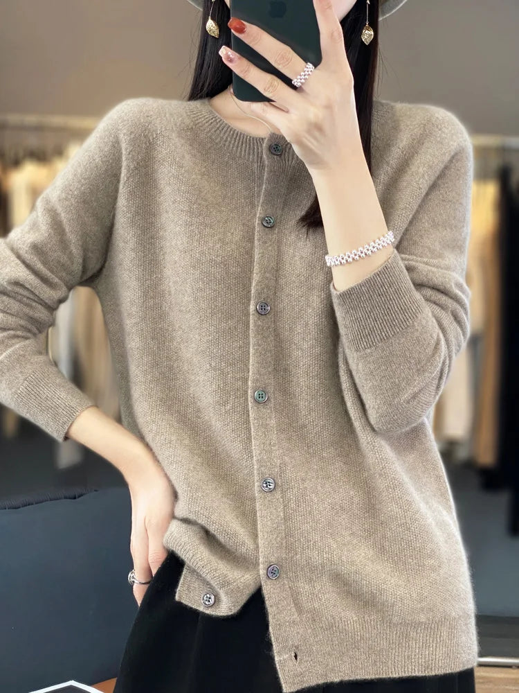Long Sleeve 100 Merino Wool Sweaters Spring Autumn Women O Neck Knitwear Tops Clothing Fashion Basic Tops - SKY BLUE M