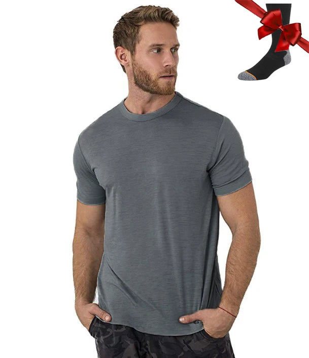Camiseta Masculina 100% Lã Merino Super Fina Camada Base de Lã Merino que Absorve a Umidade Respirável de Secagem Rápida Antiodor + Meias de Lã Merino