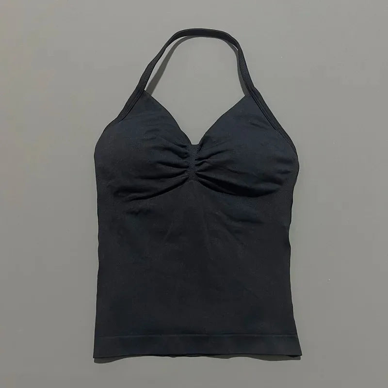 Conjuntos de Academia Femininos 2 Peças Impacto Sem Costura Fitness Yoga Roupa Esportiva Halter Top Shorts Roupa de Treino Corrida Roupa de Academia