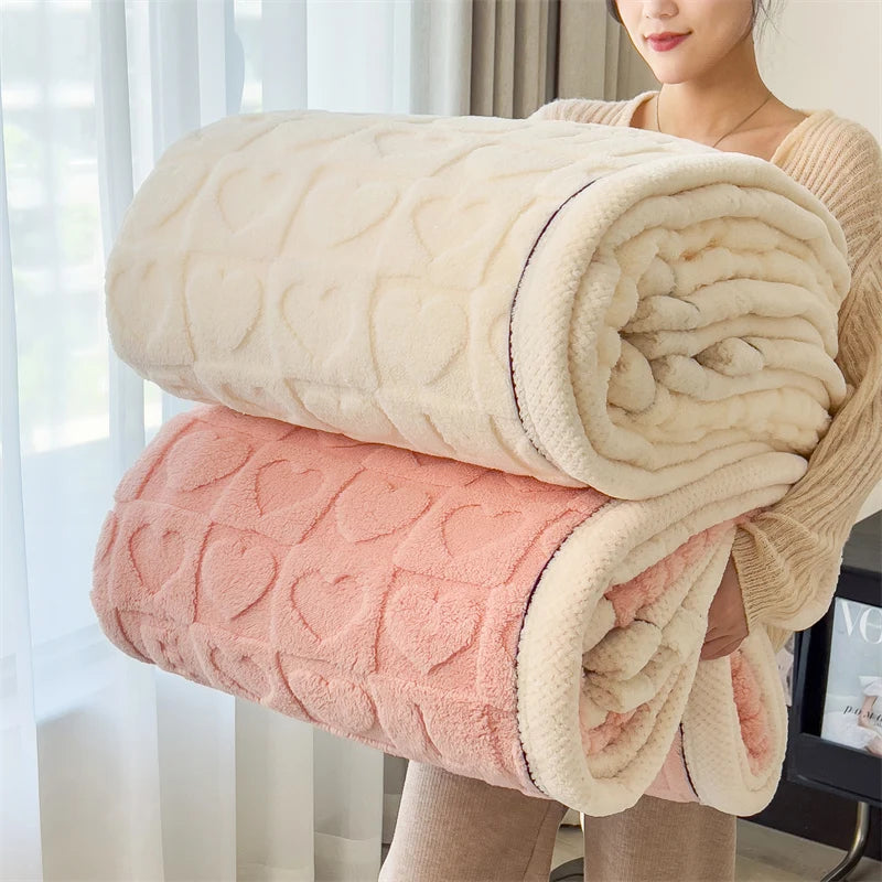 Heart Pattern Coral Fleece Blanket Spring Autumn Cozy Thicken Warm Plush Blanket for Bed Fluffy Super Soft Sofa Throw Blankets