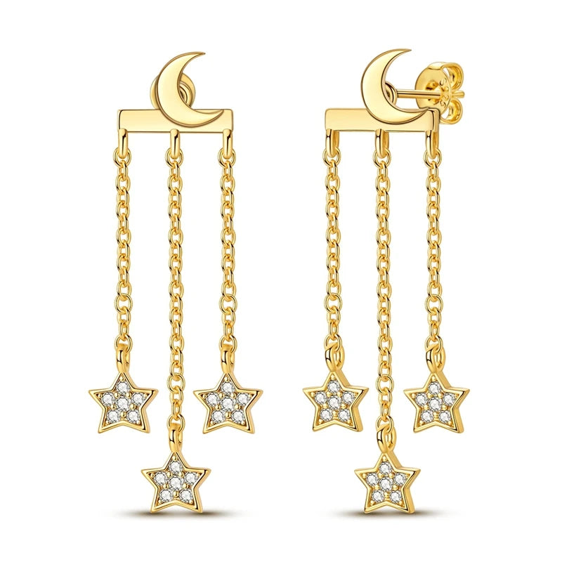 Star Moon Sun Hoop Earrings 925 Sterling Silver Original Star Shining Zircon Tassel Long Earrings For Women Luxury Jewelry Gift