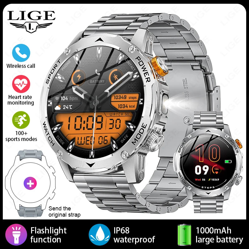 LIGE Novo Smartwatch Masculino Bateria de Grande Capacidade 1000mAh Lanterna Externa Chamada Bluetooth À Prova D'água Esportivo Fitness Smartwatch