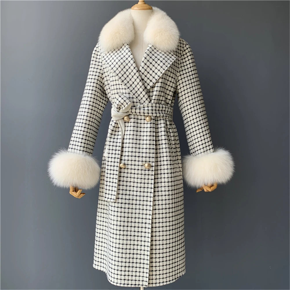 Jxwatcher Cashmere Lã Casaco Primavera Real Fox Colarinho Casaco de Lã de Trincheira Mulheres Inverno Casaco Quente Venda Longo Estilo Casacos de Lã
