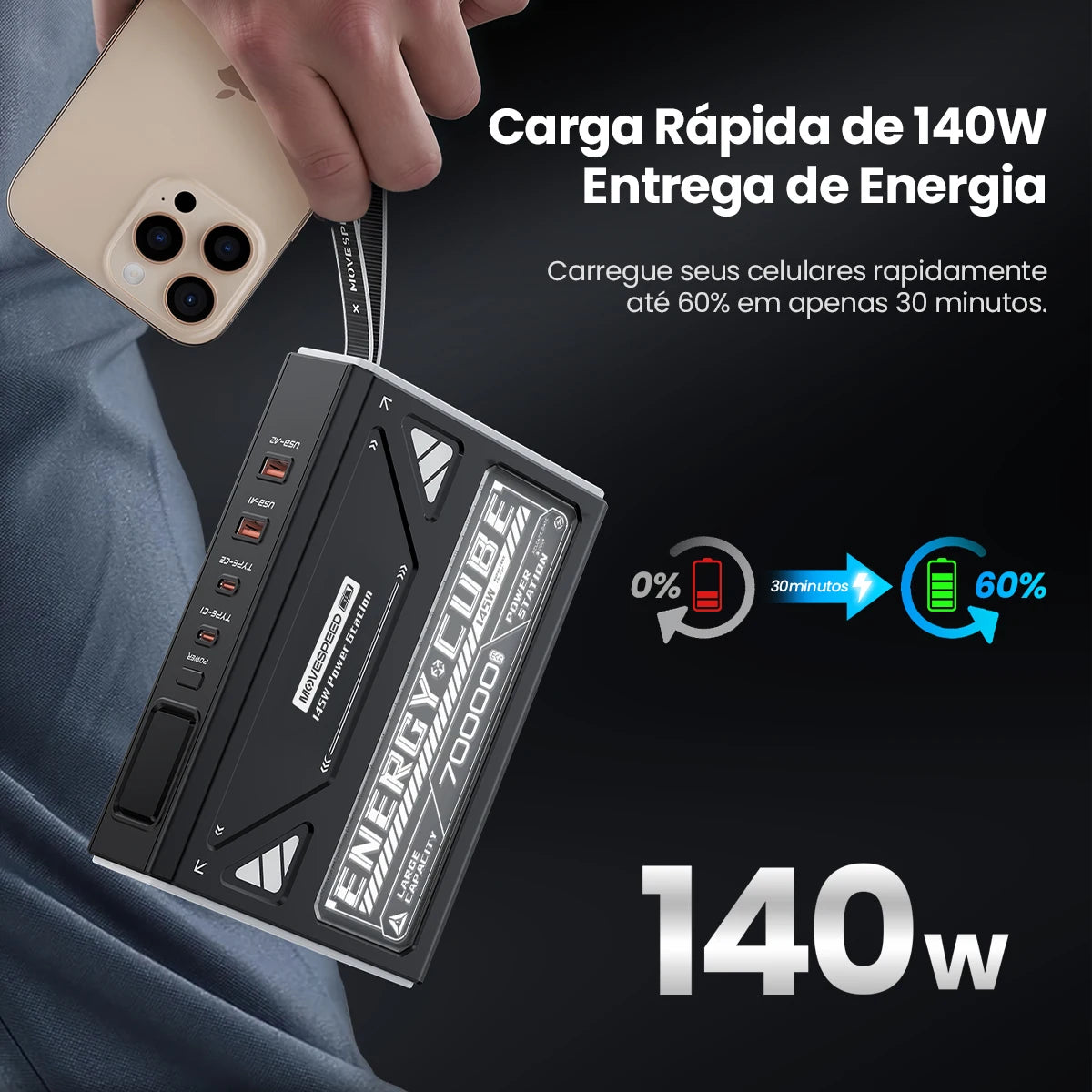 Power Bank 70000mAh 140W Fast Charge Flashlight Camping
