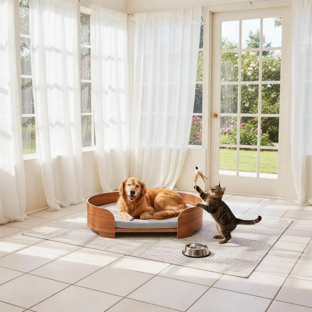 Sofá de Madeira para Pets Capa Removível e Lavável Cama Moderna para Pets Camas Elevadas para Cães Uso Opcional Durante o Ano Todo Cama Oval para Gatos Compensado de Madeira Firme