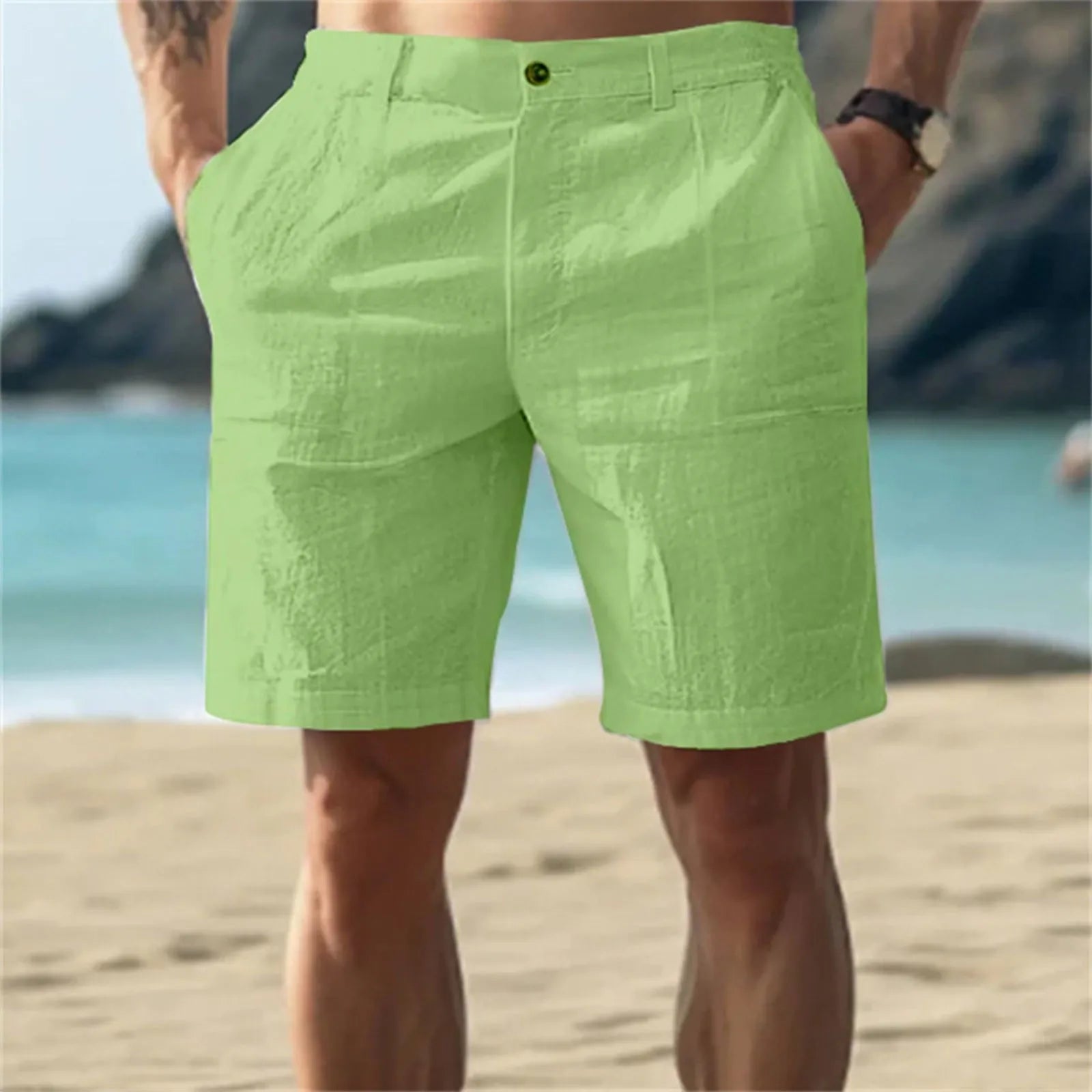 Calças Masculinas de Linho com Cor Sólida Casuais para Praia, Respiráveis, Confortáveis e Retas, Curtas, Estilo Havaiano para Férias de 2025
