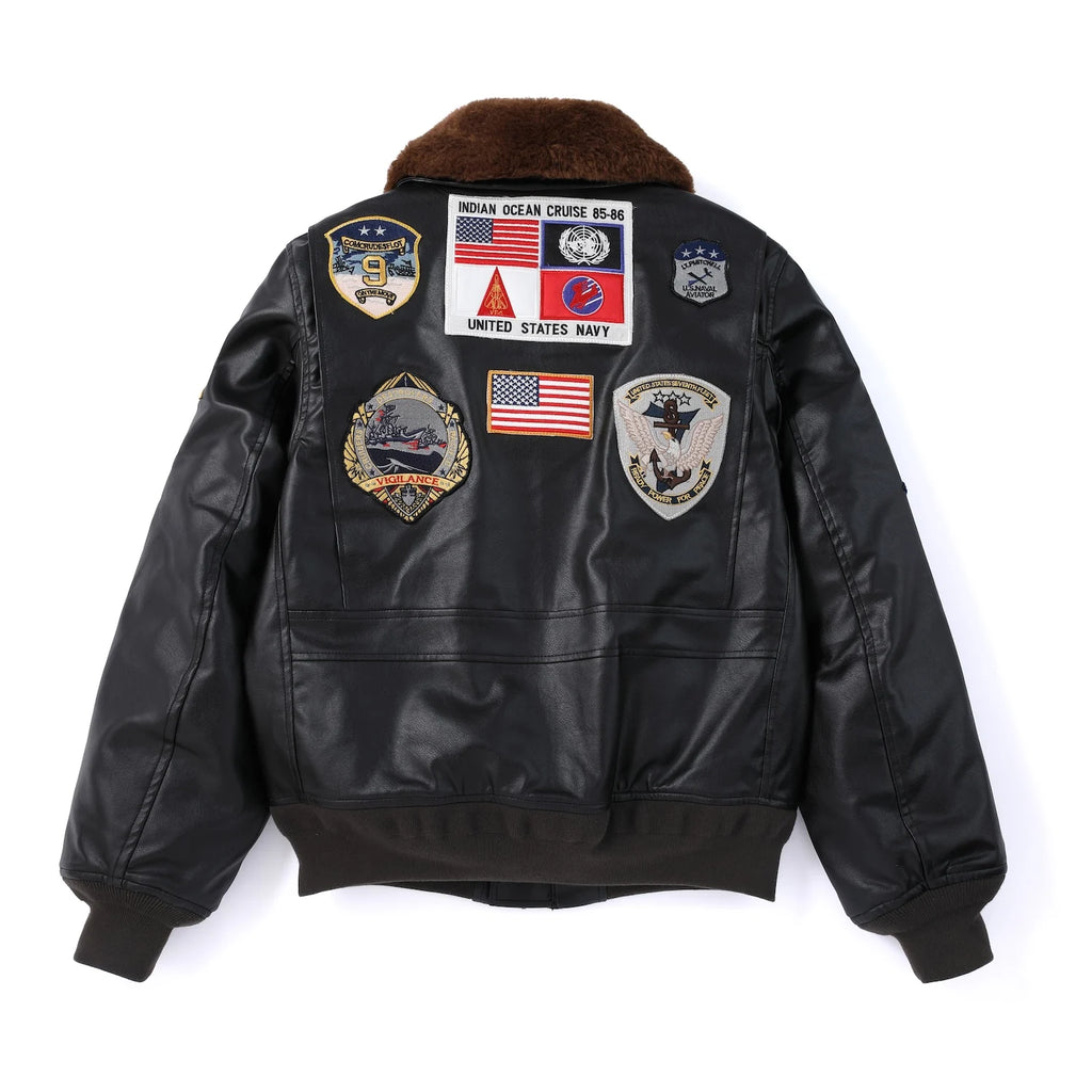 Jaqueta Masculina Top Gun G1 Tom Cruise Maverick Couro PU com Pelo Militar Bomber Aviador Piloto de Voo com Patch Bordado