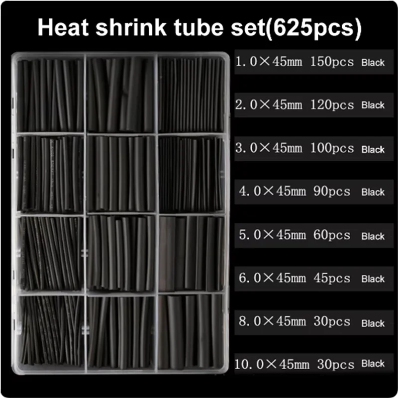 625pçs Kit de Tubos Termo Retráteis Pretos (2:1)