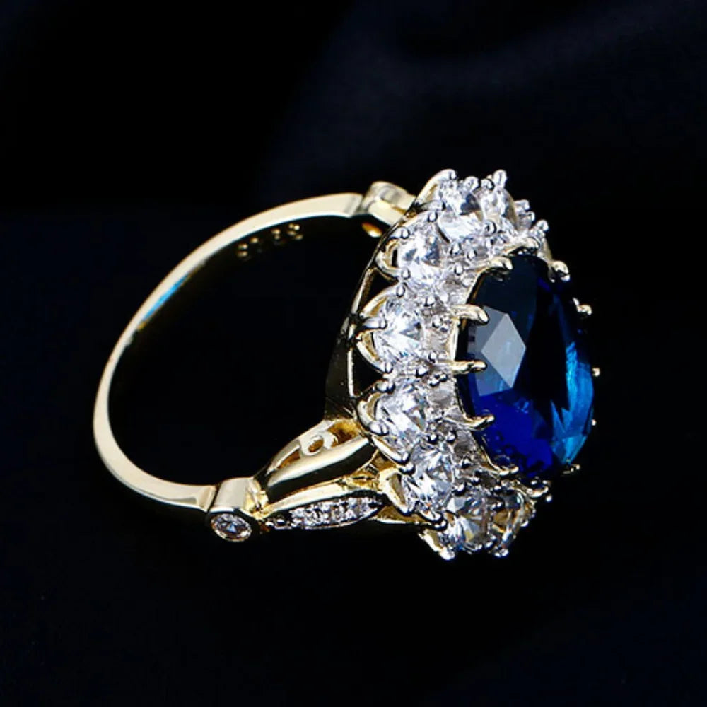 Luxury Oval Blue Zircon Ring for Women Sparkling Golden Color Solitaire Finger Rings Romantic Jewelry Wedding Anniversary Gift
