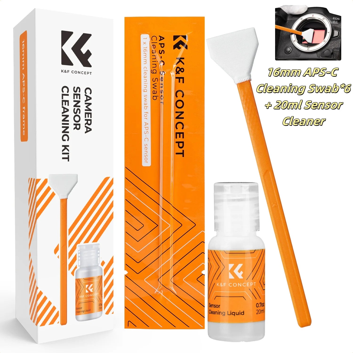 K&F CONCEPT 24mm Full Frame/16mm APS-C Sensor Cleaning Swab *6 &20ml Liquid Sensor Cleaner Sets For Sony DSLR SLR Digital Camera