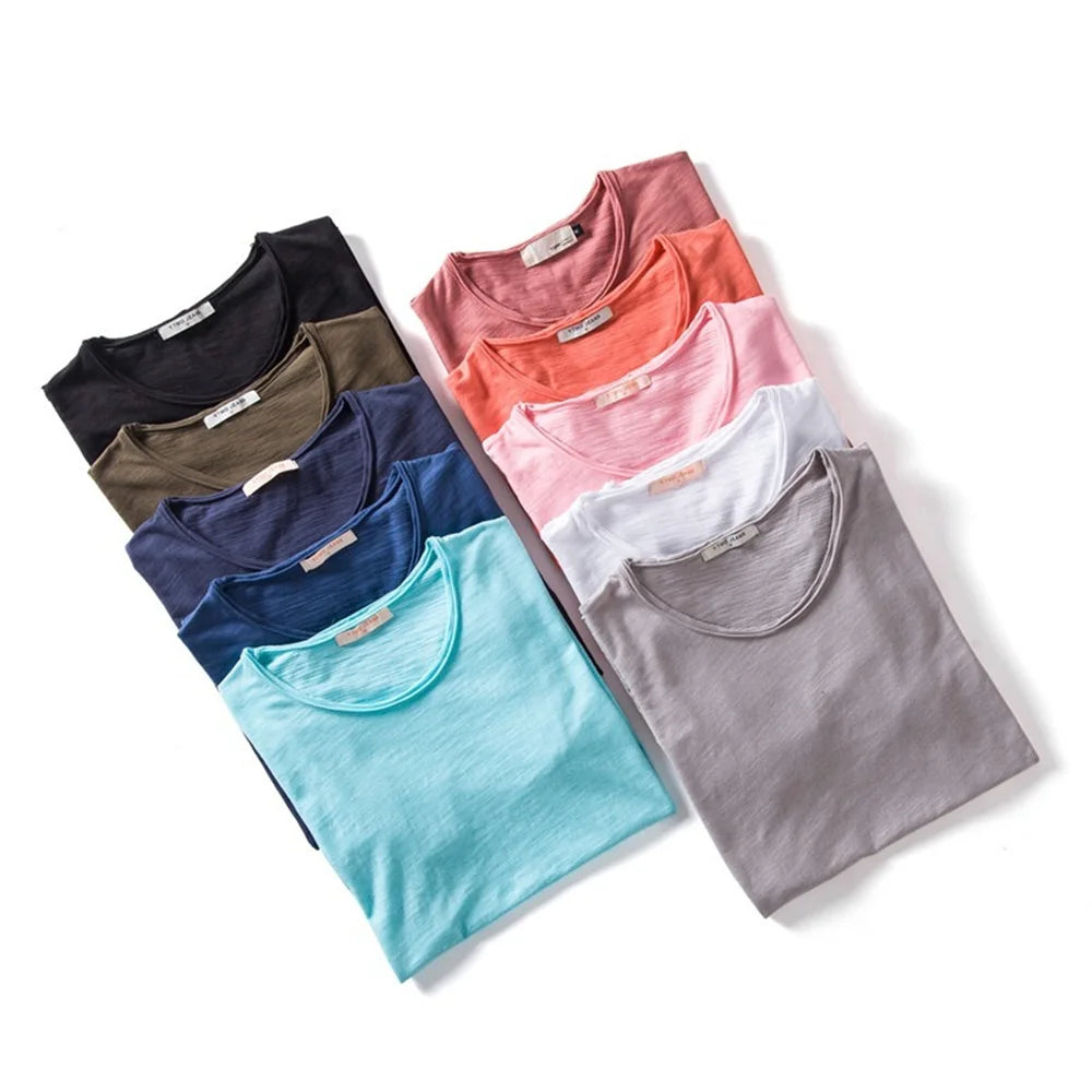 Camiseta Masculina 100% Algodão Casual Macia Fitness Verão Fina Camisetas Masculinas Roupa de Casa Gola O Manga Curta Lisa Camiseta para Homens