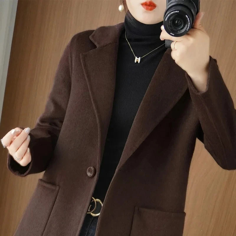 Jaqueta Feminina Casaco De Lã Cashmere Dupla Face 100% Pura Lã Outono Inverno Novo Casaco Corta-Vento De Lã Slim De Um Botão De Comprimento Médio