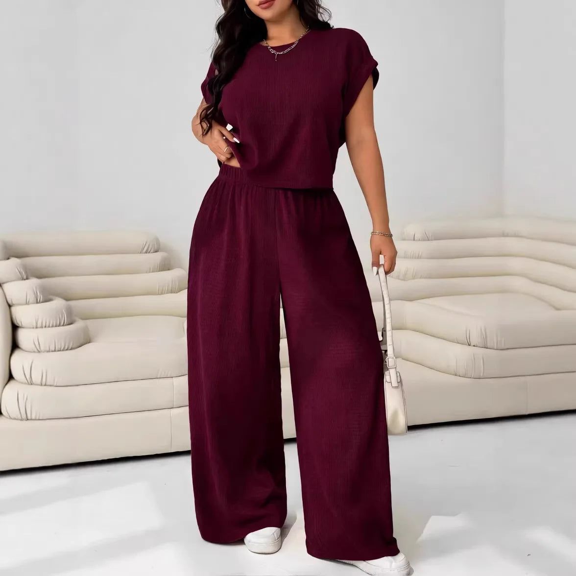 Women's Textured 2-Piece Loungewear Set Short Sleeve Top Wide Leg Pants